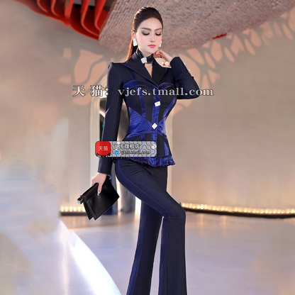 VJE  Denim Suit Single-Breasted Suit Micro Flared Pants Two-Piece Set - GOYA.
