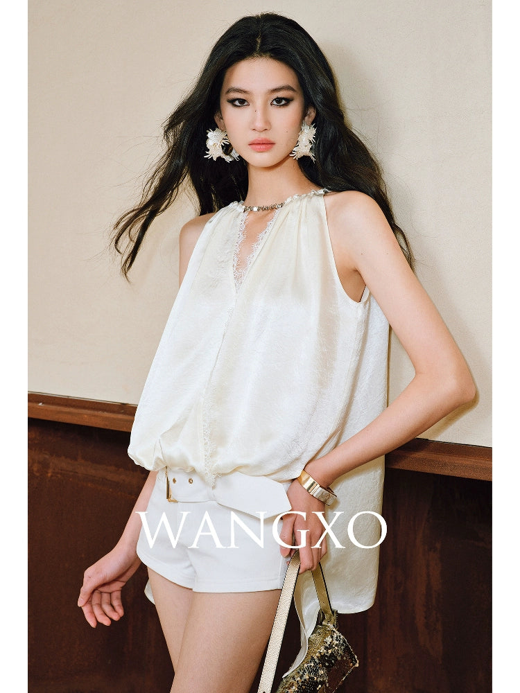 WANGXO| Acetate  Lace-Trimmed Metal Chain Halterneck V-Neck Pleated Top -AYRA.