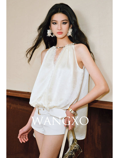 WANGXO|Lace-Trimmed Metal Chain Halterneck V-Neck Pleated Top with Delicate Texture -AYRA