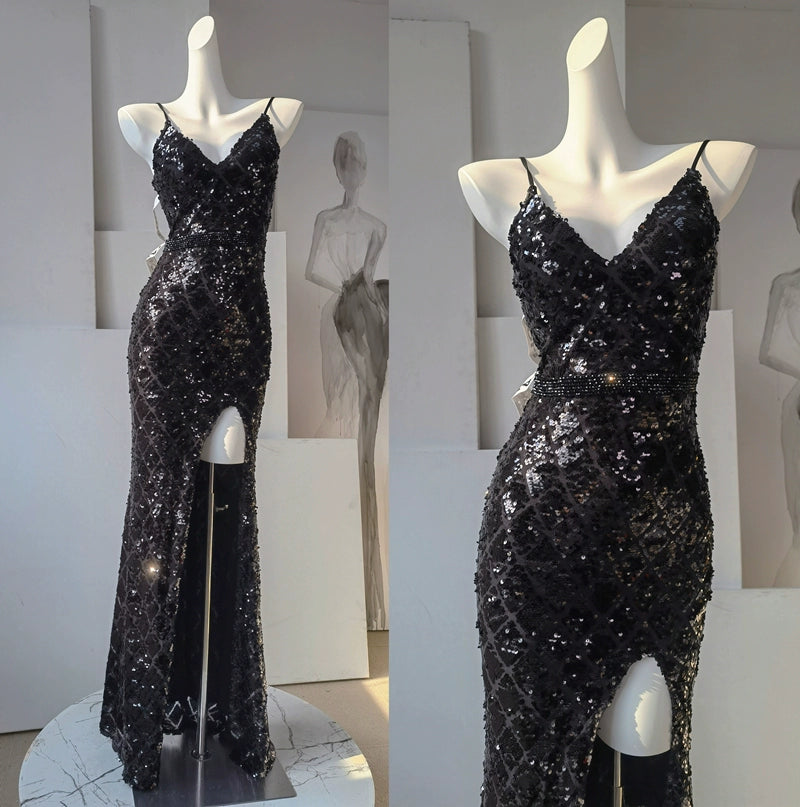 DOLLY High End Sleeveless V-Neck Sequin Long Slim Fit Slit Banquet Dress-ERICA