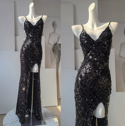 DOLLY High End Sleeveless V-Neck Sequin Long Slim Fit Slit Banquet Dress-ERICA