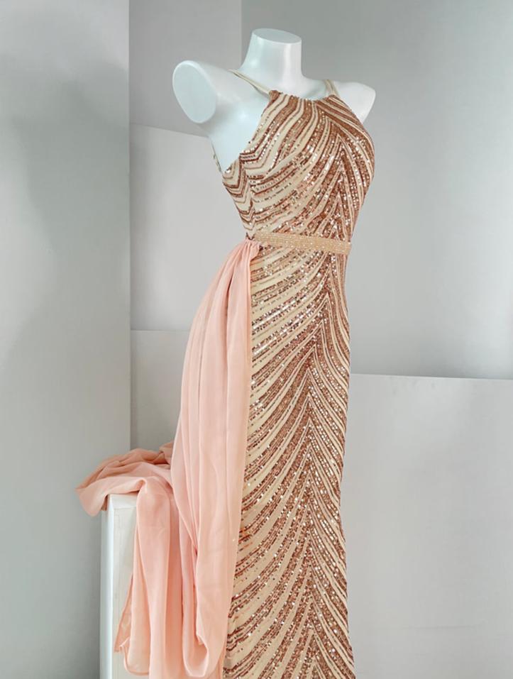 DOLLY High End Sleeveless Halter Neck Sequin Embroidery Long Banquet Dress-KATRINA