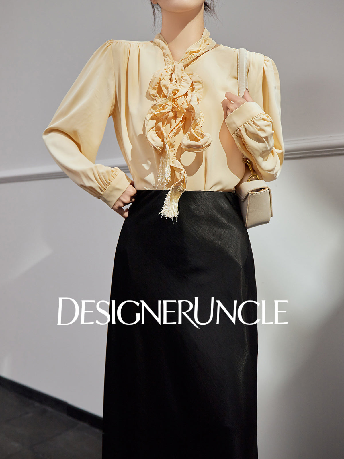 DGU "Euphemism" goose yellow shirt commuter ruffle slimming versatile top - LOVER.