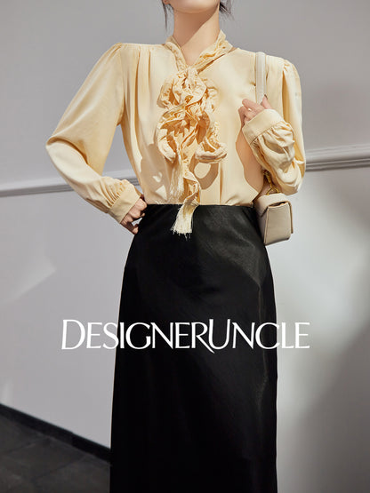 DGU "Euphemism" goose yellow shirt commuter ruffle slimming versatile top - LOVER.