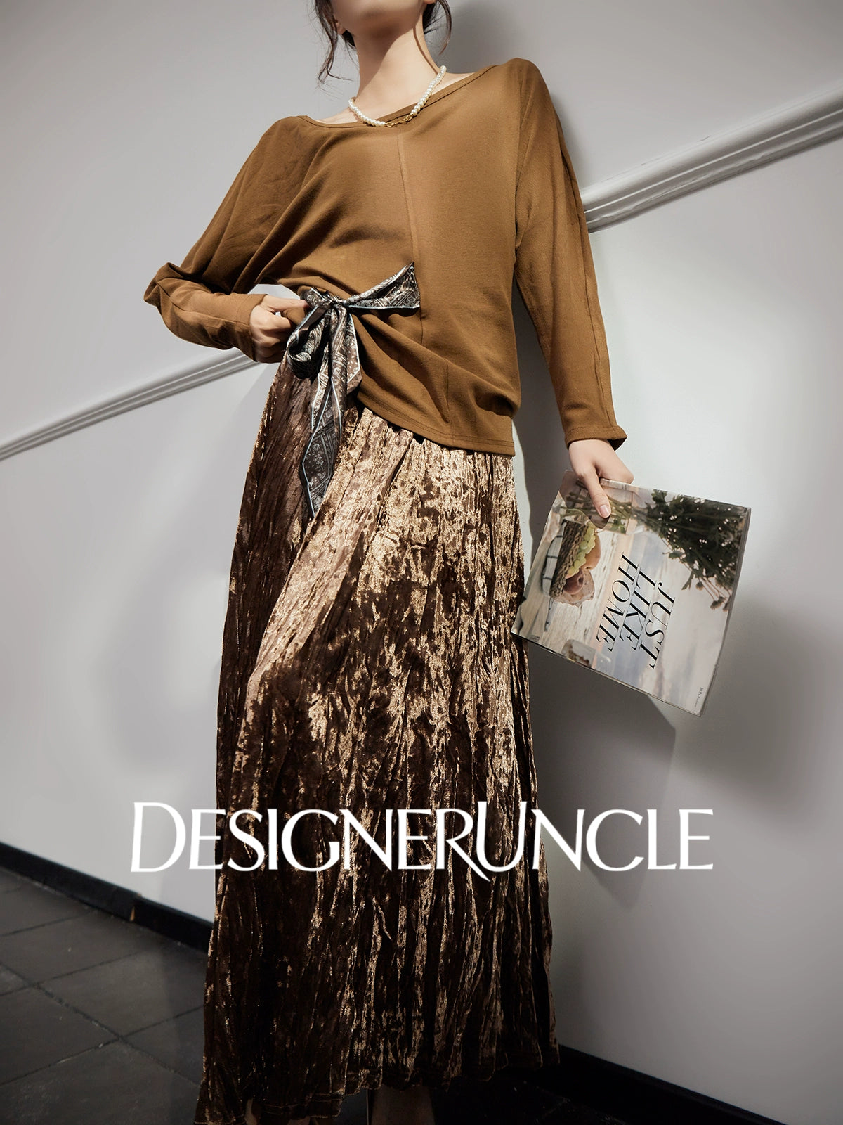 DGU "Mu Brown" brown knitted sweater loose and versatile retro slimming top - David.