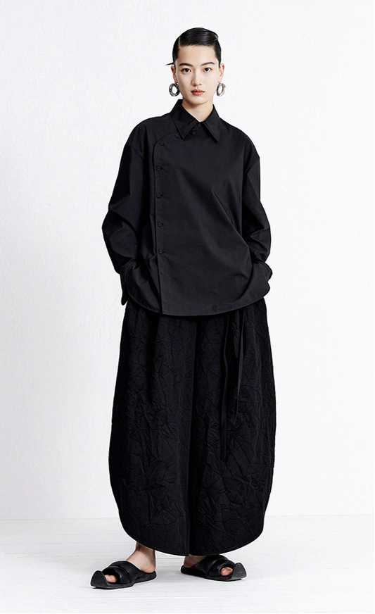 ZHUCHONGYUN black diagonal placket lapel loose straight shirt-LUFFY.