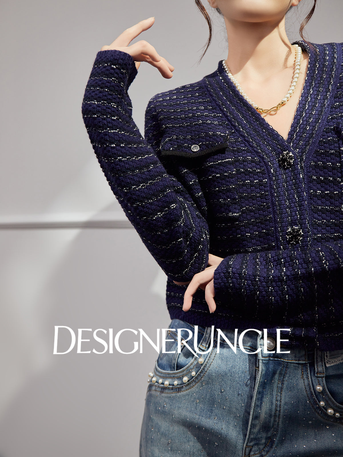 DGU "Ink Room" royal blue knitted sweater small fragrance temperament versatile top - Robert.
