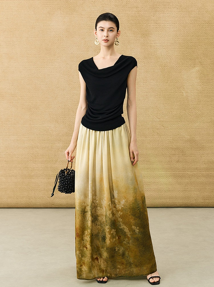 HECO Chinese Gradient Blended Lightweight Summer Print High-Waisted Skirt - AVEL.