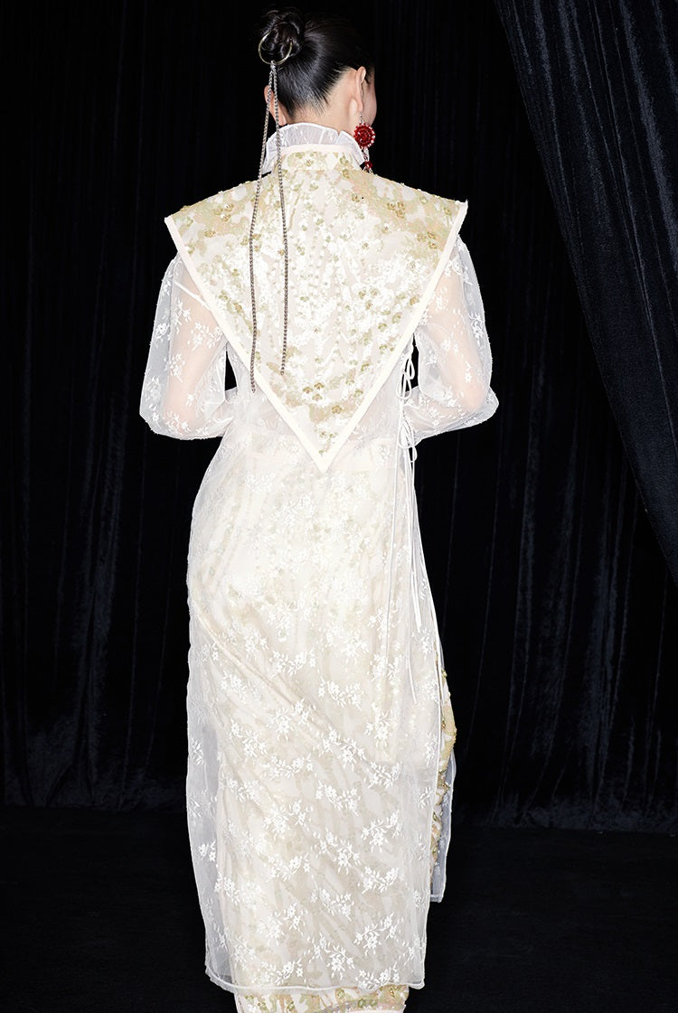 M essential Mackay designer label Jinghui embroidered lace-up trim collar - BABE.