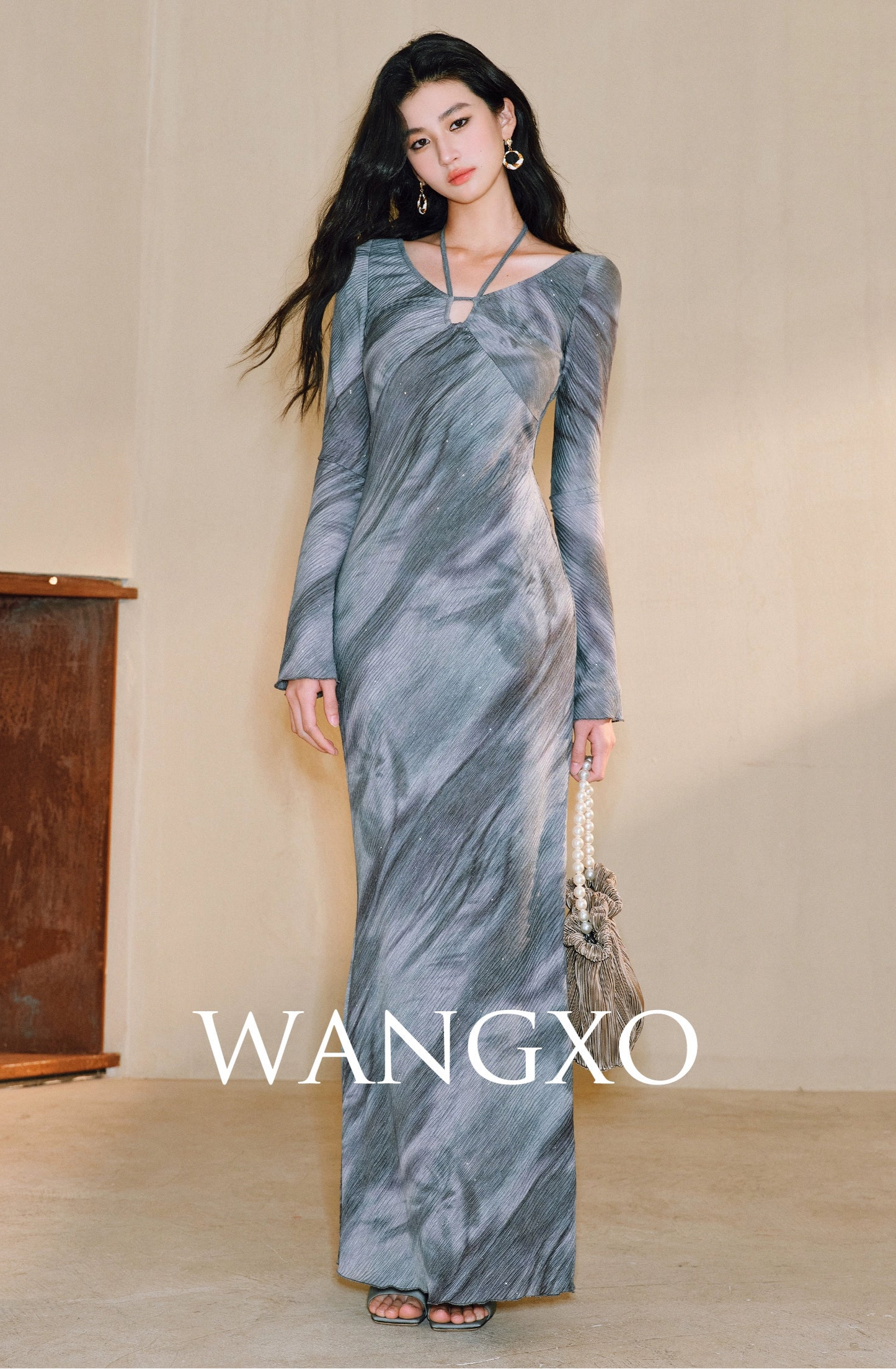 WANGXO Galaxy Muse -Starry Silver Oil-Paint  Halterneck Dress - SABLE