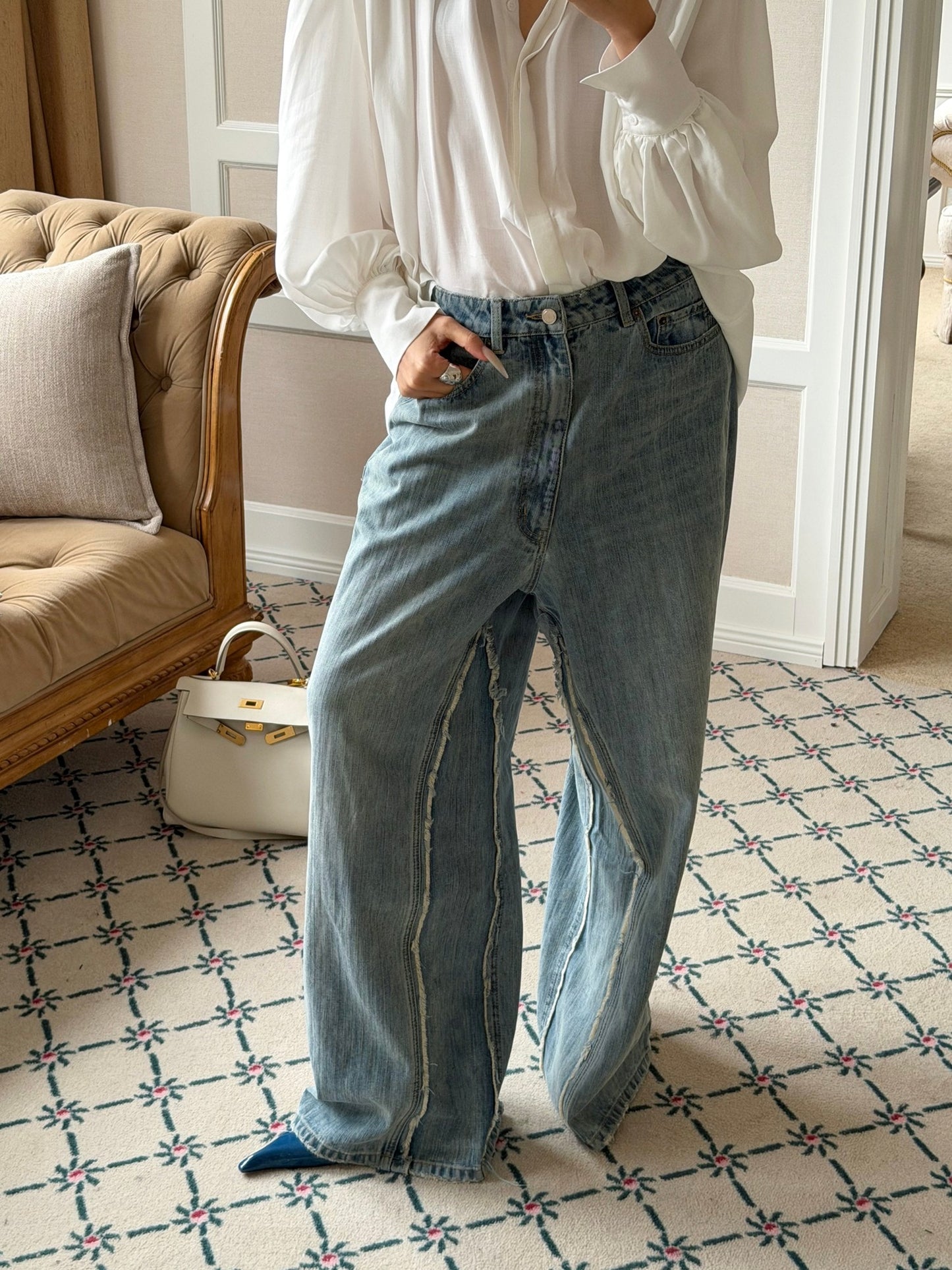 MEI SANGUAN Blue Retro Distressed Wide-Leg Jeans - BYRON