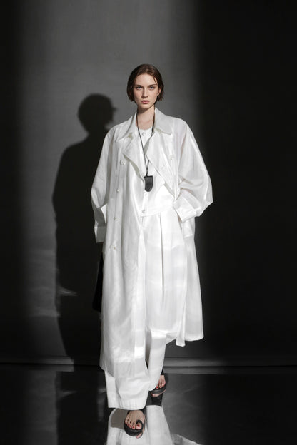 PIAOIN Light Luxury Silk Luster Tencel Linen Trench Coat Jacket -JOSEPHINE