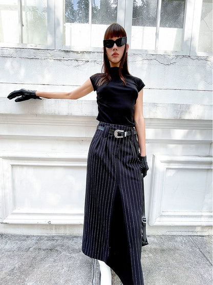 ANNAKIKI Black and White Striped Vintage Belt Trim Striped Skirt-RAVY