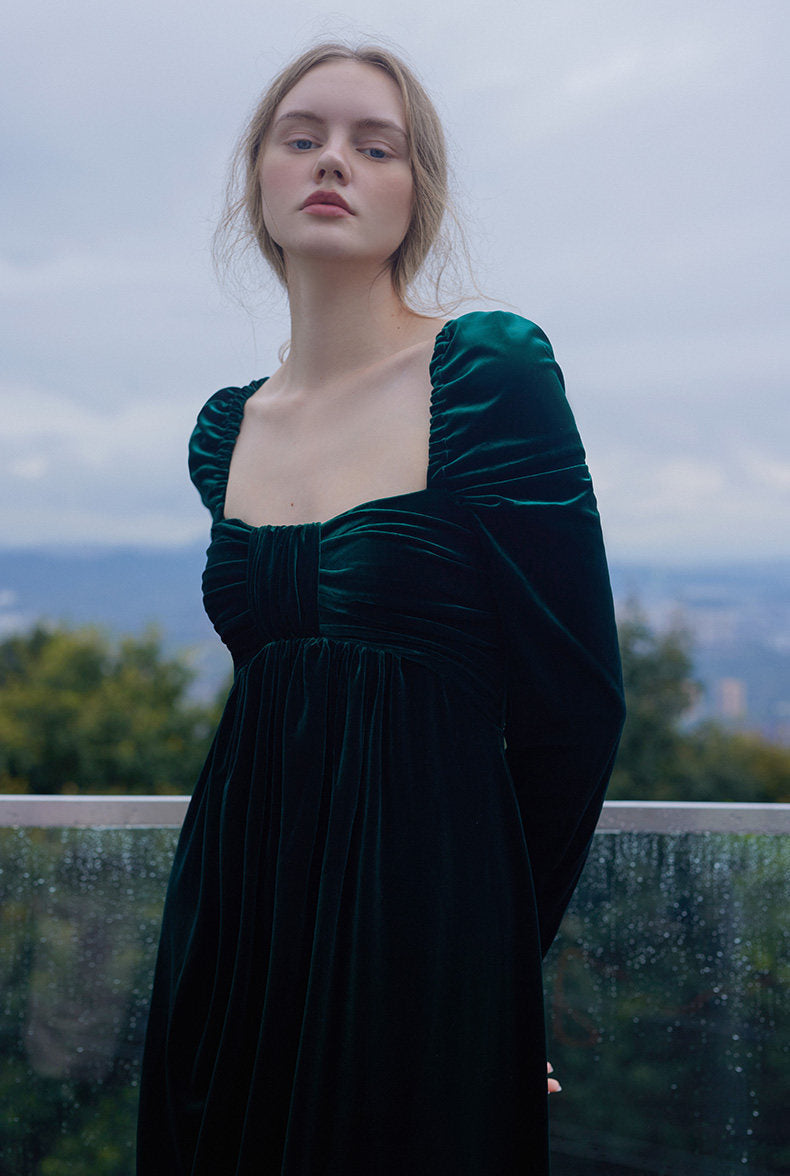 GOUDIN long dark green vintage velvet evening party-BOGNA.