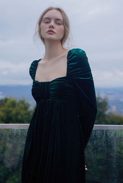 GOUDIN long dark green vintage velvet evening party-BOGNA.