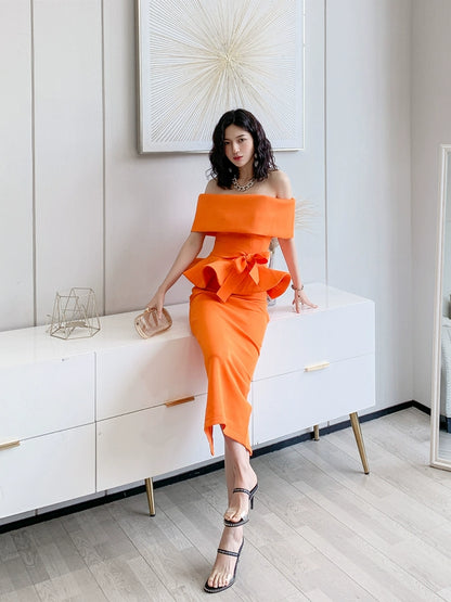 DOLLY High End Off Shoulder Peplum Tube Top Slim Fit Wedding Guest Dress-HANS