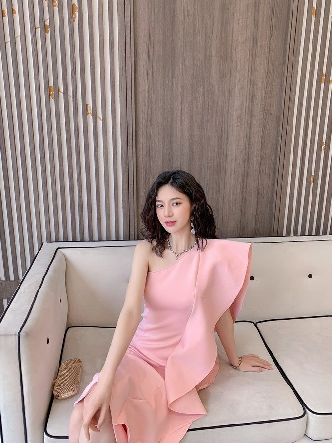 DOLLY Luxury French Style Ruffle One Shoulder Hip Hug Midi Dinner Dress-JEHO