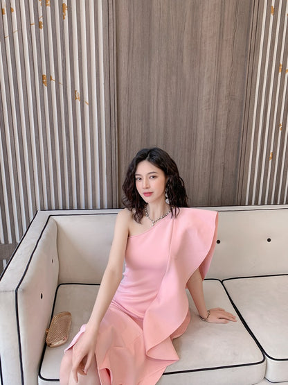 DOLLY Luxury French Style Ruffle One Shoulder Hip Hug Midi Dinner Dress-JEHO