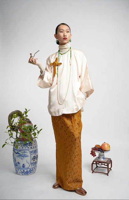TUYUE Gold carving linen × mulberry silk high slit hip skirt- PRICILIA.