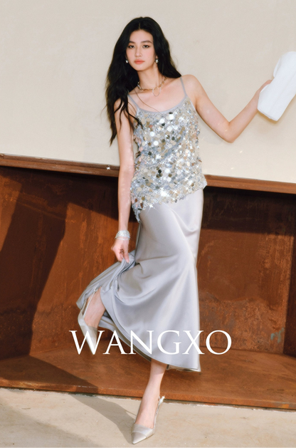 WANGXO Mirage Sundress Heavy Industry Double-Sided Satin Pleats Two-Piece - KIRAN