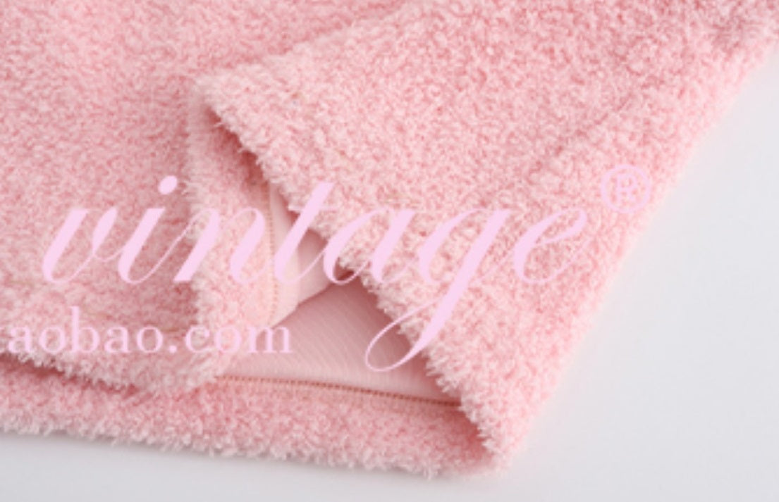 Le Palais Vintage Pink Plush Crop Top + Hip Skirt Set