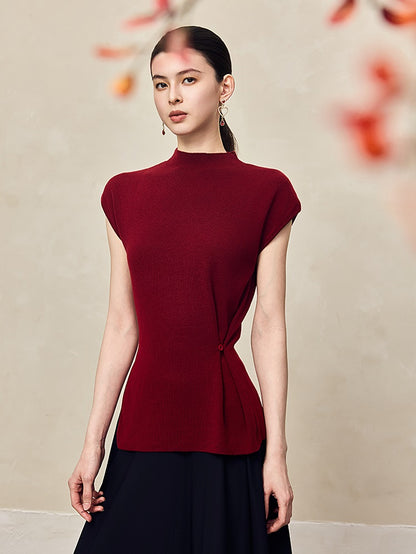 HECO Waist Side Buckle Stand Collar Knitted Short Sleeve Top- BLOOD.