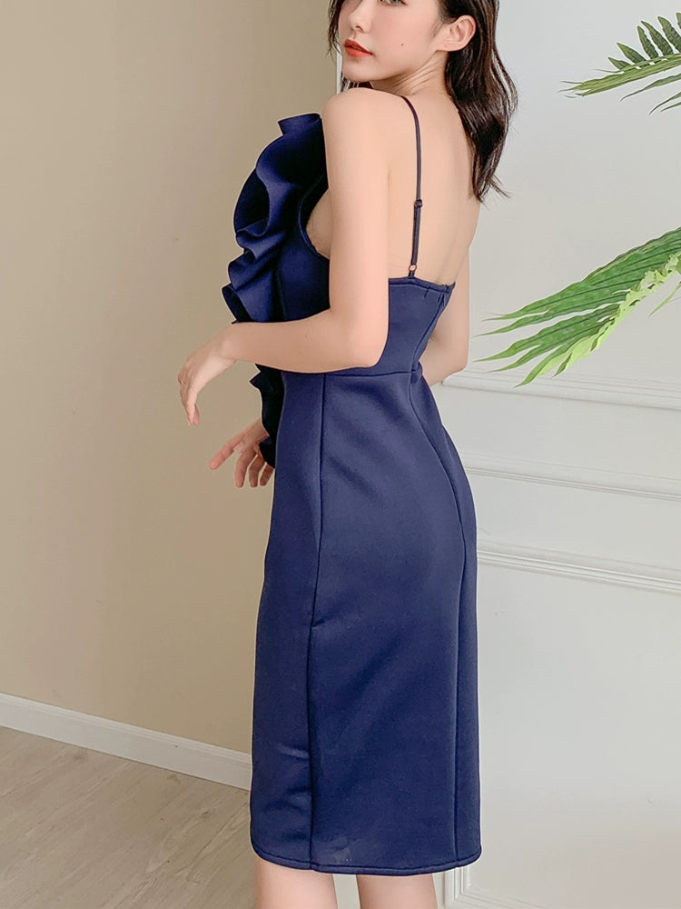 DOLLY Elegant French Style Sleeveless Ruffle Collar Slim Fit Midi Cocktail Dress-BANNIE