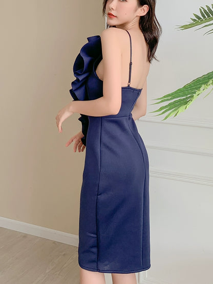 DOLLY Elegant French Style Sleeveless Ruffle Collar Slim Fit Midi Cocktail Dress-BANNIE