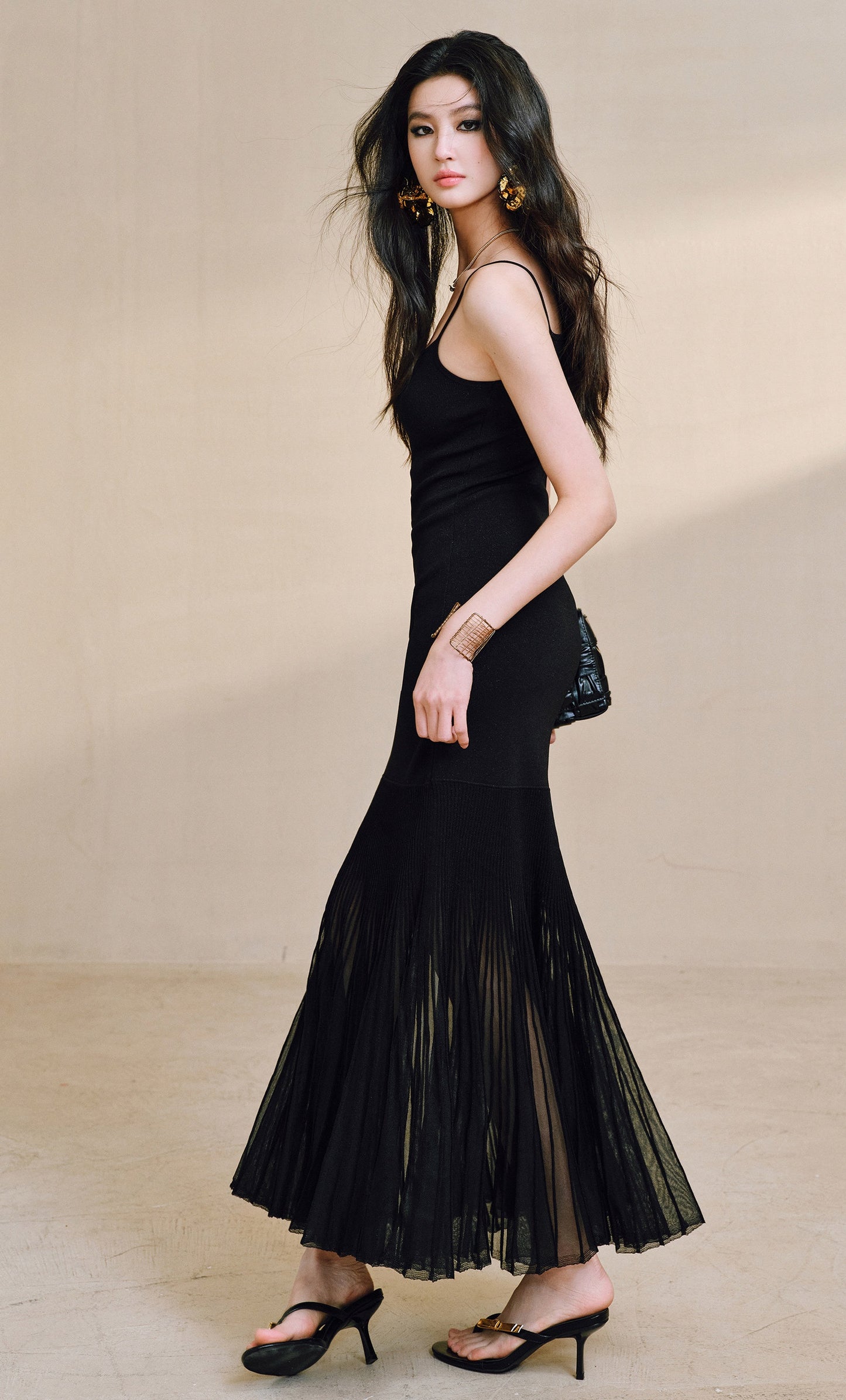 WANGXO | High-Quality Linen Tulle Temperament Suspender Fishtail Dress-LÉYA.