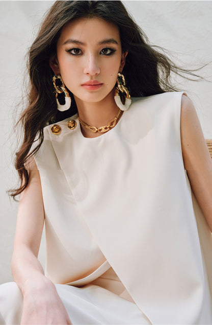 WANGXO Elegant Commuter-Style Diagonal Placket with Loose Pleated Slit Vest & Skirt Suit Set -NALA