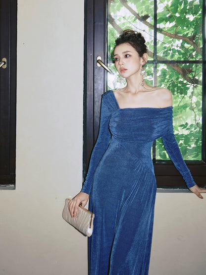 DOLLY Luxury Fog Blue Pleated Off Shoulder Slant Collar Long Sleeve Banquet Dress-MAYA