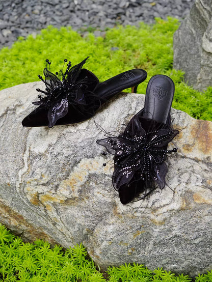 B-FEI kitten heeled niche beaded flower decoration mules-NEULO.