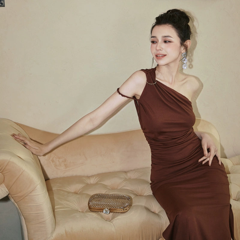 DOLLY High End Caramel Coffee Slant Collar Sleeveless High Waist Long Dinner Dress-CALYPSO  (V)