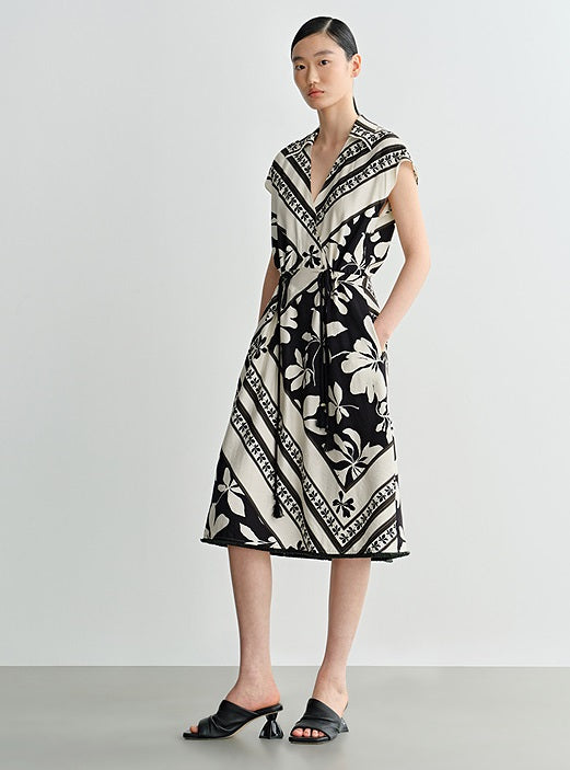 COMME MOI Lv Yan designer's new summer women's print shirred tassel waist dress - GOLDIE.