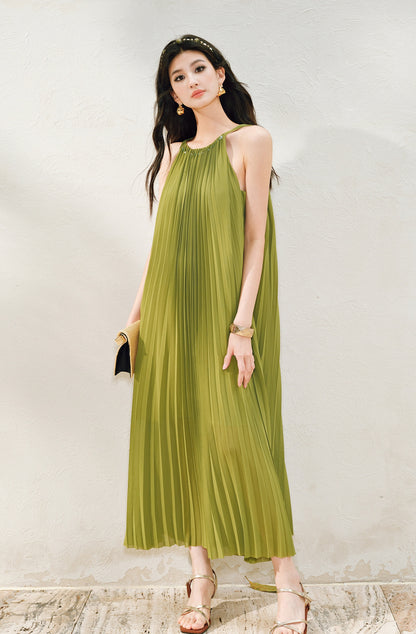 WANGXO | Natural Stone Beaded Halterneck Flowing A-Line Umbrella Skirt -ZENA