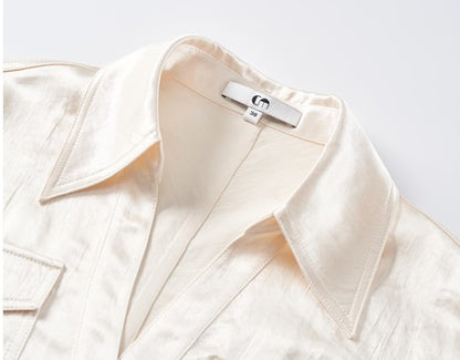 COMME MOI Lv Yan Designer Summer Acetate Texture V-Neck Waist Shirt - AYLA.