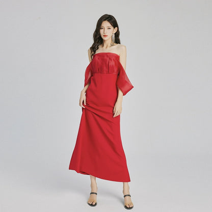 DOLLY Elegant Ruffled Off Shoulder Chest Wrap Long Fish Tail Banquet Dress-KALYA