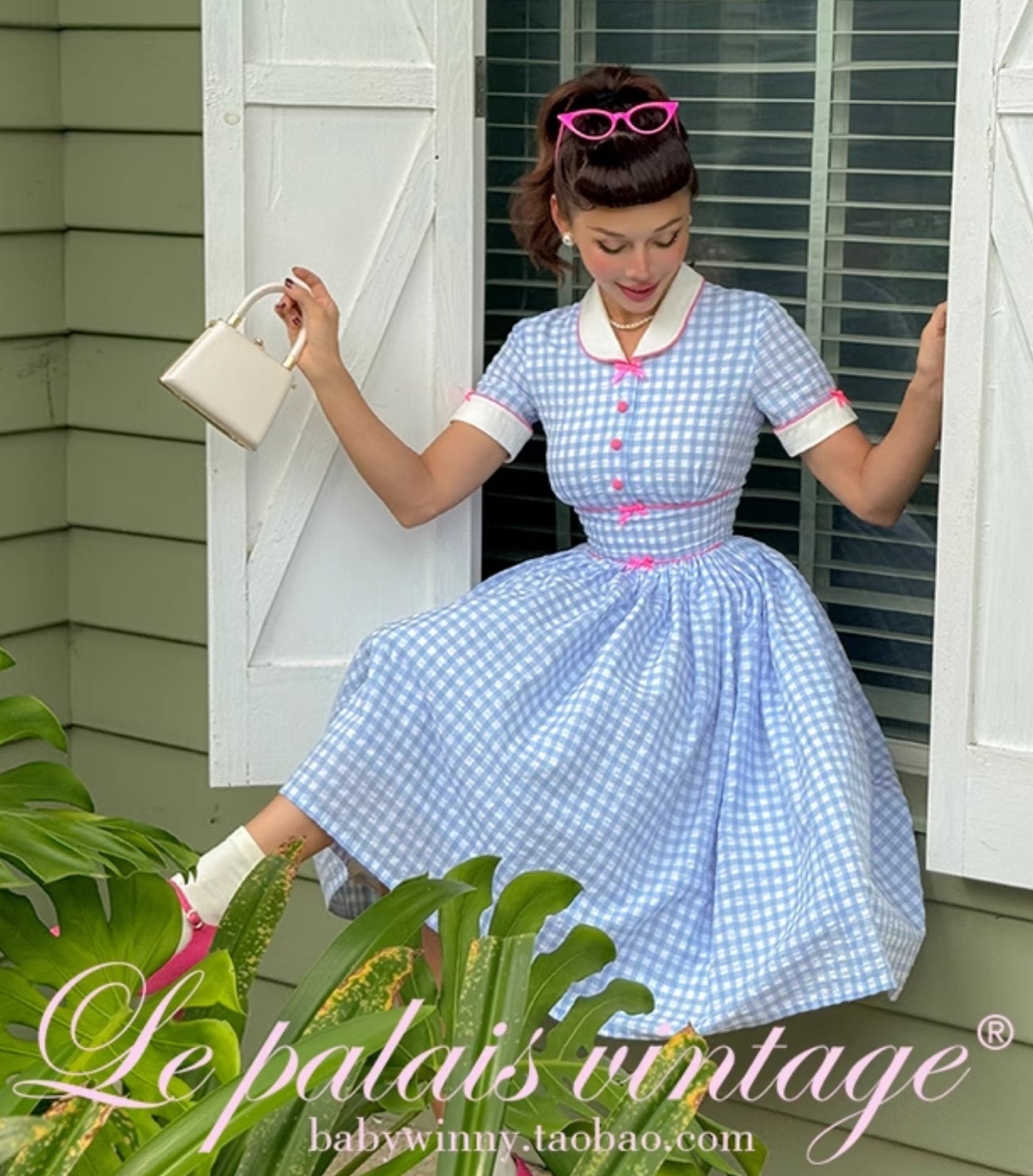 Le Palais Vintage Blue Plaid Waist Swing Skirt Puffy Skirt-SEM