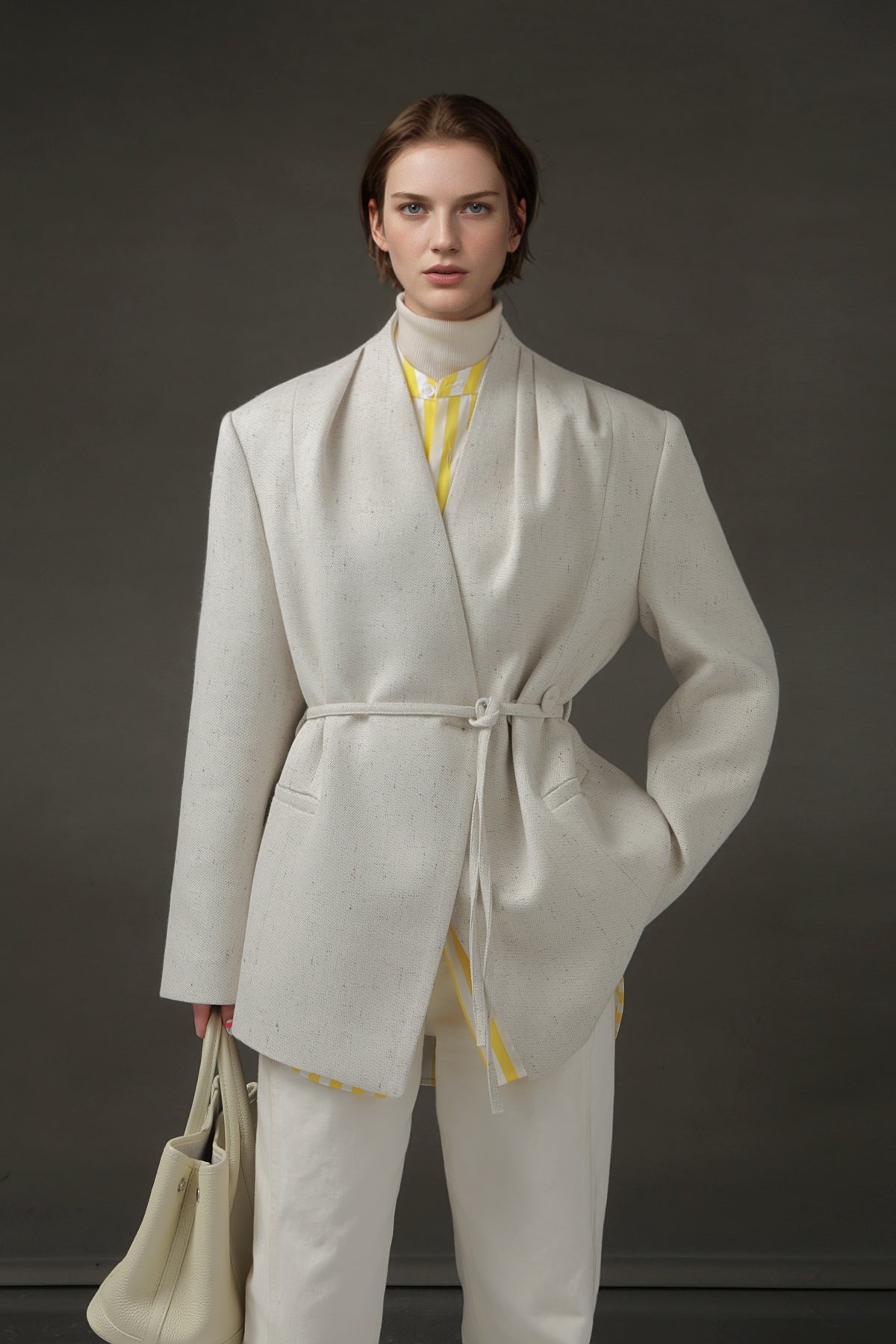 PIAOIN light style shoulder shirring elegant V-neck suit women's waist blazer-FATE