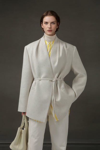PIAOIN light style shoulder shirring elegant V-neck suit women's waist blazer-FATE