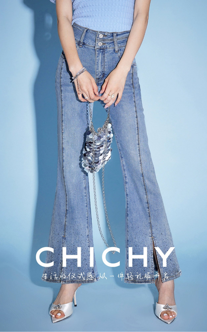 CHICHY French Ladies Blue High-Waisted Hot Diamond Slit Micro Flared Pants-MIJI