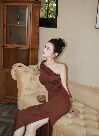 DOLLY High End Caramel Coffee Slant Collar Sleeveless High Waist Long Dinner Dress-CALYPSO  (V)