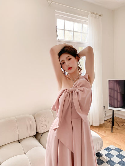 DOLLY High End Retro Style One Shoulder Big Bow Long Dinner Dress-KIKI