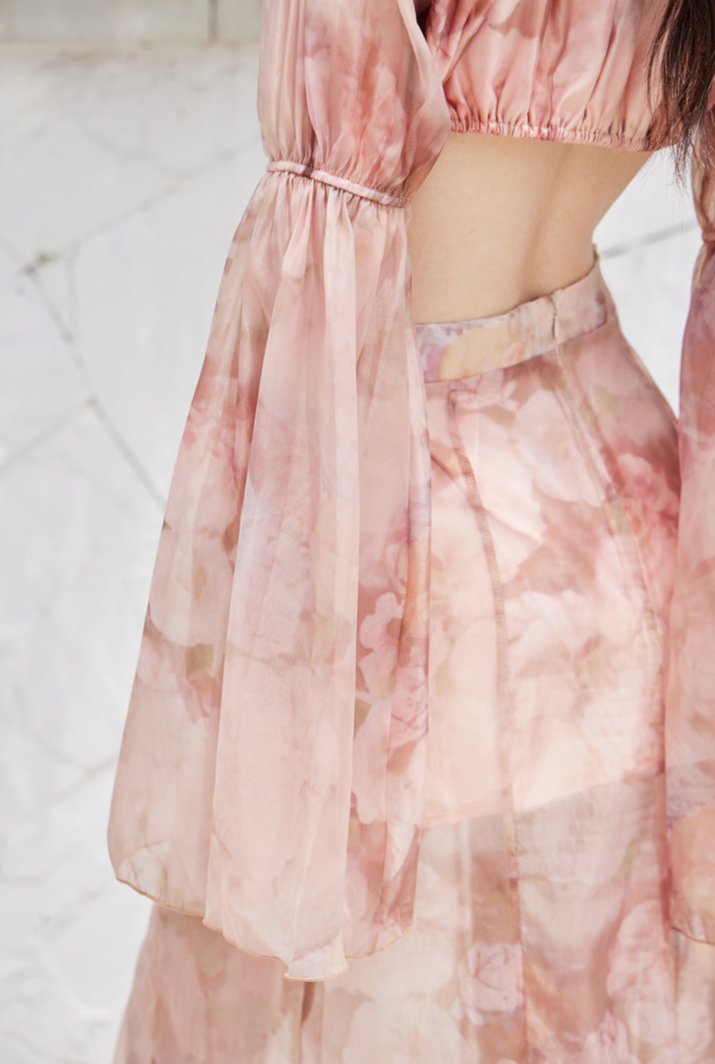 DOLLY Luxury Retro French Style Long Sleeve Top+ Retro Print Midi Slit Skirt-BIANCA