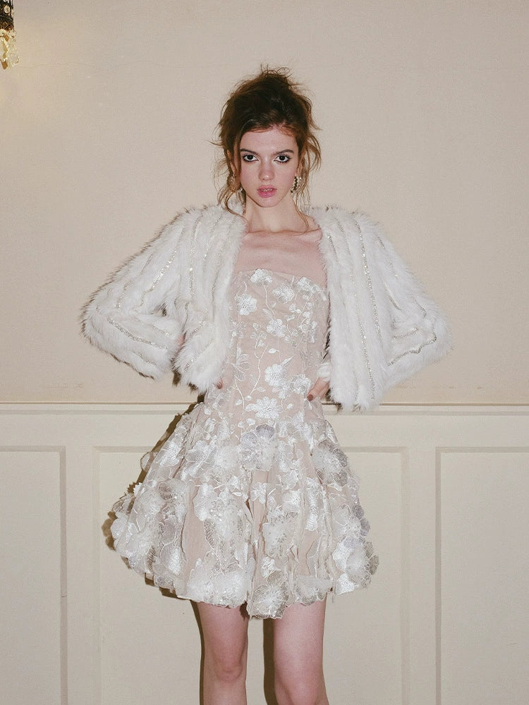 Wardrobes by Chen Luxury White Crystal Diamond Chain Tassel Short Fur Jacket-Leni