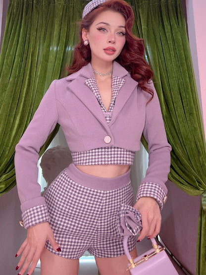 Le Palais Vintage Elegant Taro Purple Woolen Crop Coat Slim Fit Suit - Clove.