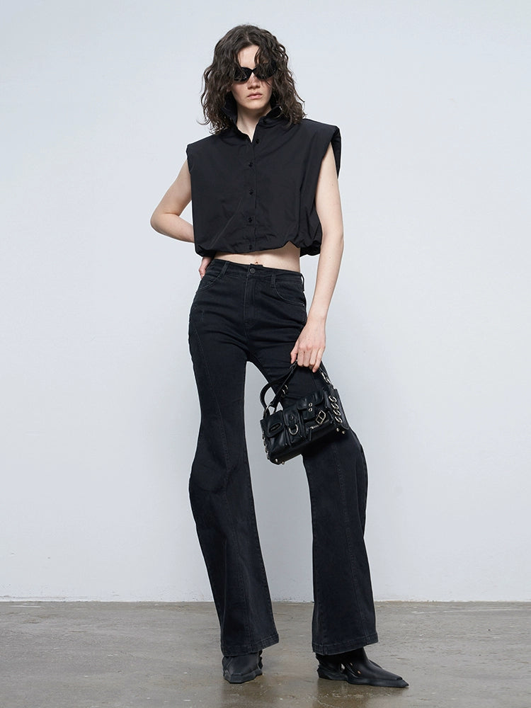 ANNAKIKI Black Wavy Silhouette Slim Denim Wide-Leg Pants-MAPLE
