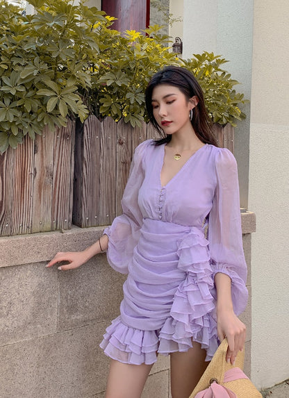 D0LLY Luxury French Style V-Neck Long Puff Sleeve Chiffon Pleated Ruffle Dress-VERA