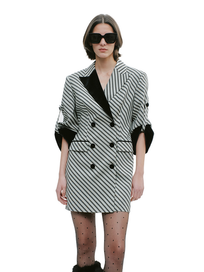 YES BY YESIR  black and white striped patchwork suit dress - BUZZ.