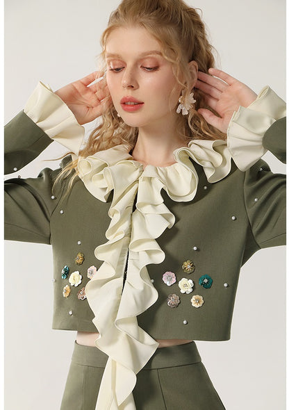 CHECOCRE Elegant Romantic Casual Ruffle Design Olive Green Mini Skirt Suit Set  - DANIEL